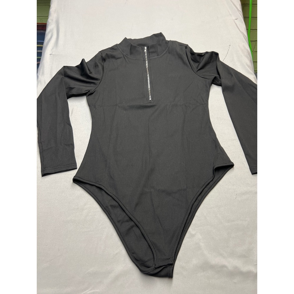 Black Ribbed Mock Neck Quarter Zip Long Sleeve Bodysuit XL